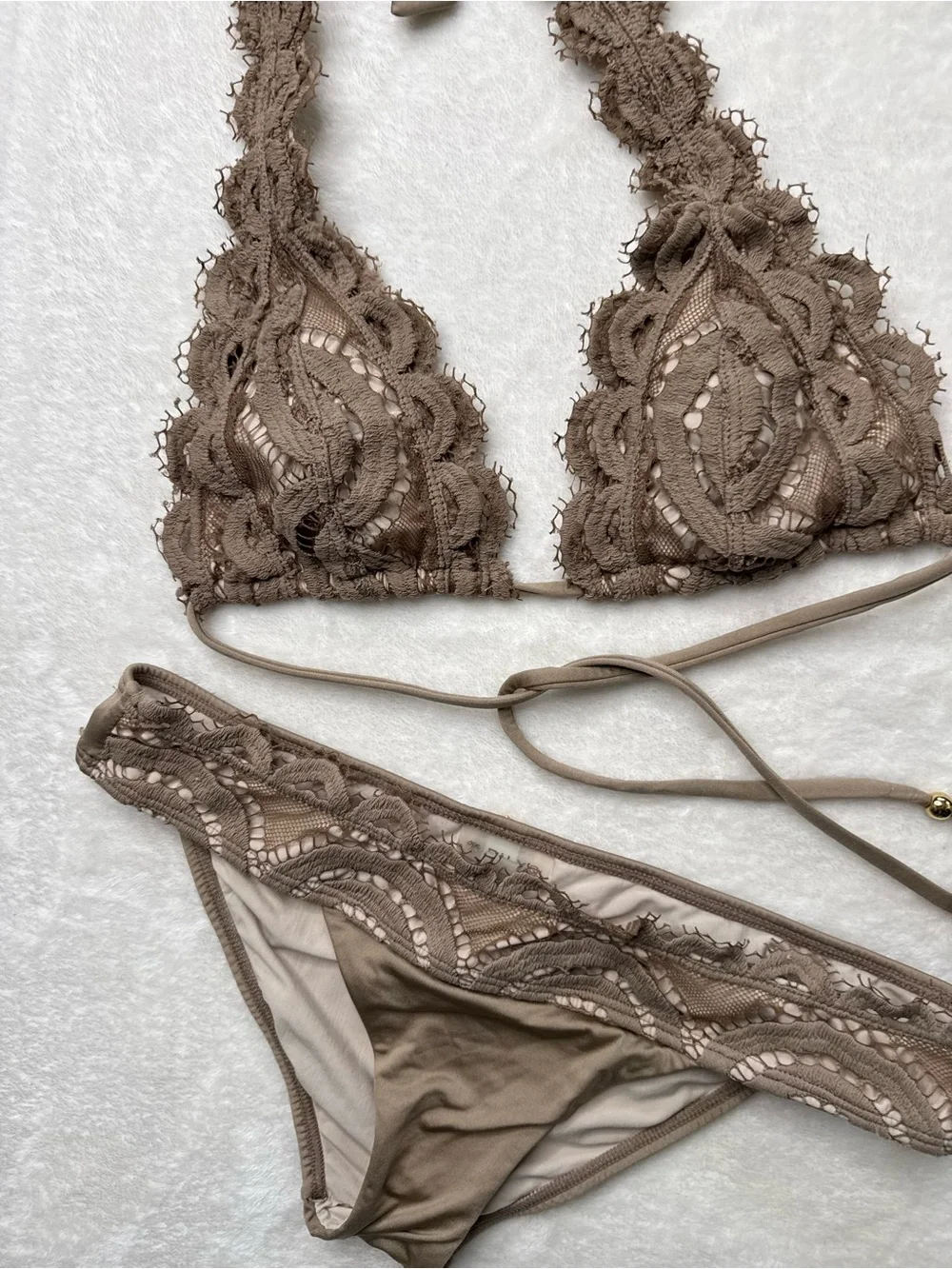 Pilyq - Taupe Crochet Halter Bikini Set, size M